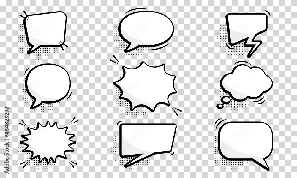 Obraz premium Set of Comic Speech Bubbles. Cartoon Funny Speech Balloons on Transparent Background. Collection Empty Retro Bubbles for Text, Chat with Halftone. Isolated Vector Illustration