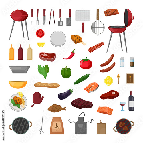 Collection of barbecue objects. Picnic equipment and food.