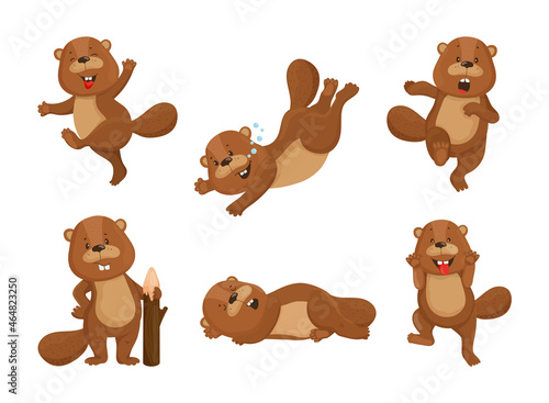 Collection of cartoon illustrations with beaver performing different actions. Colorful cute character.