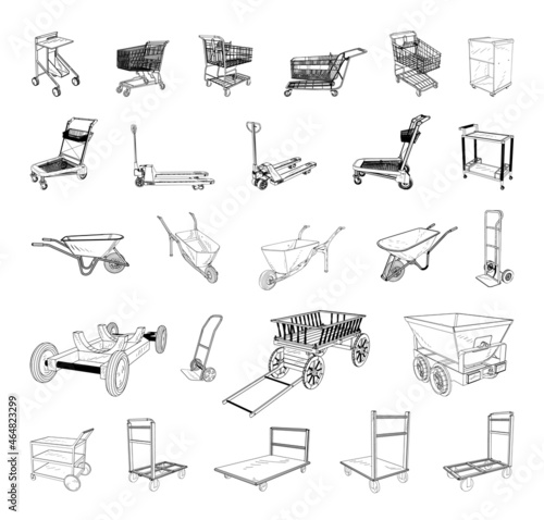 Collection of monochrome illustrations of carts in sketch style. Hand drawings in art ink style. Black and white graphics.