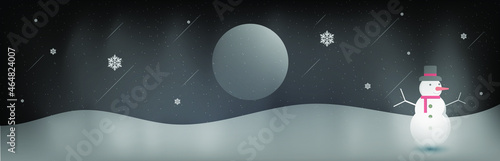 Landscape with snow-filled areas.pines and mountains.Cartoon snowman with snow.moon of night.Christmas Meteor Wallpaper.Halloween.Bright moon and shooting star.Bright moon. moon background.postal card
