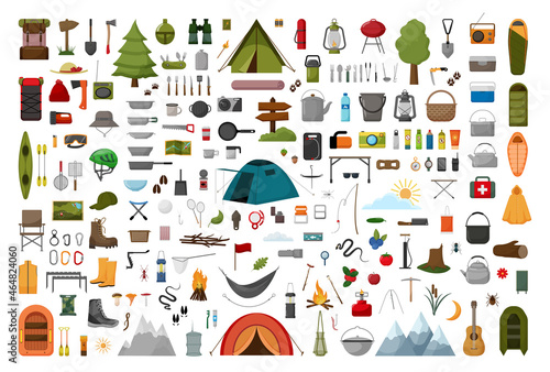 Collection of illustrations on the theme of camping in a flat style. © Marina
