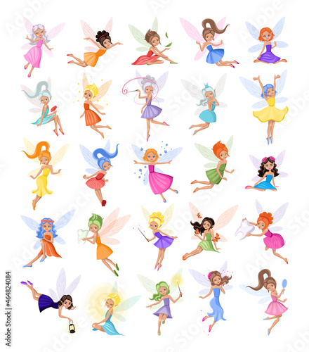 Cartoon magic fairies. A collection of cute fairytale girls characters.