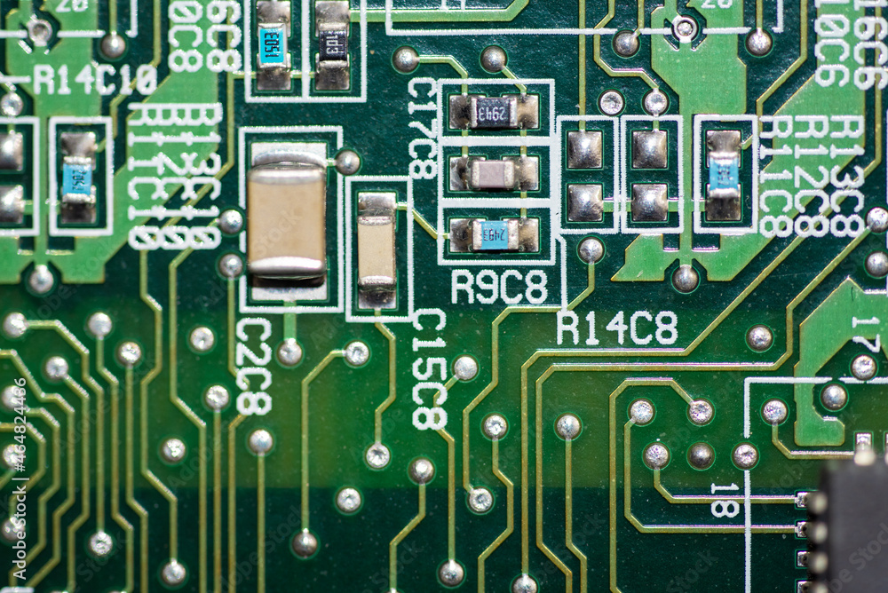 oktober 2021. Close up of the different circuits on a computer mother board. oktober 2021. Close up of the different circuits on a computer mother board.