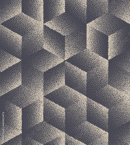 3D Cube Different Variations Stippled Isometric Seamless Pattern Technology Vector Abstract Background. Halftone Geometric Texture Dotted Repetitive Wallpaper. Retro Colors Hand Drawn Art Illustration