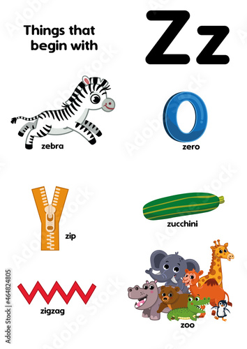 Things that start with the letter Z. Educational, vector illustration for children.