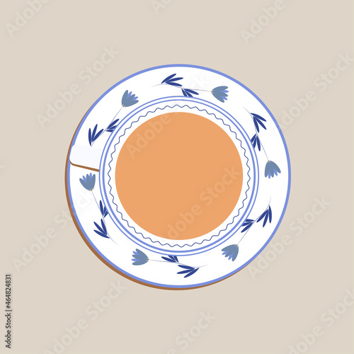 Elegant tea cup on a plate. Tea-set from top view. Vector illustration.