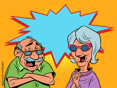 An old man and an old women couple laugh. love and friendship