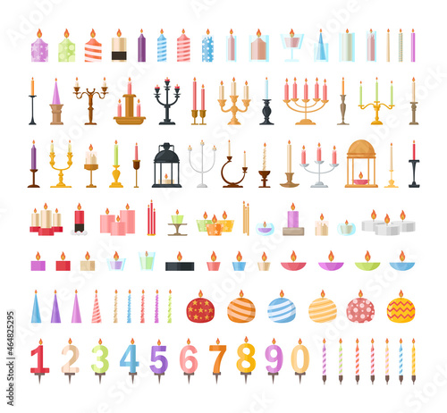 Collection of colorful candles and candlesticks in flat style. Objects for room decoration. Candles for a cozy and festive atmosphere.