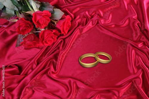 texture of luxury red silk fabric, background with waves and drapery for fashion design, gold wedding rings. bouquet of roses, concept of congratulations on wedding day