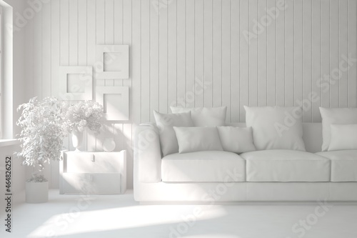Fototapeta Naklejka Na Ścianę i Meble -  Mock up of minimalist living room in white color with sofa. Scandinavian interior design. 3D illustration