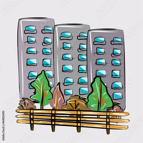 Cityscape, multi-storey buildings, a new district, houses and trees in the park. Life style. Isolated vector objects.