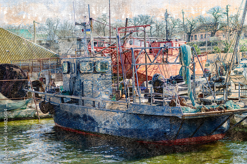 Fototapeta A fishing barge moored to the pier. Industrial fishing.