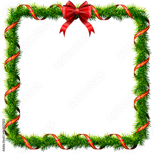 Thin christmas square wreath with red bow and ribbon. Rectangle frame of pine branches isolated on white. Vector image for christmas, new years day, decoration, design, new years eve, silvester, etc