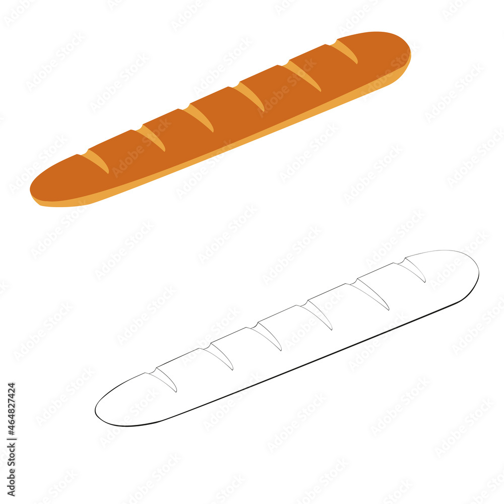 A jpeg illustration of two baguettes isolated on white background. Designed in light brown, black and white colors for web concepts, prints, wraps, templates