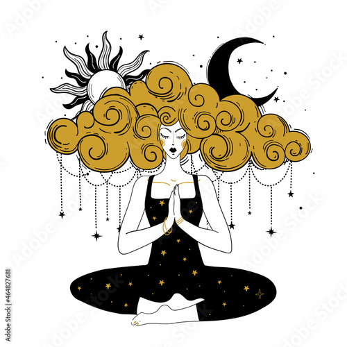 Meditating girl with moon and sun. Woman doing yoga, spiritual balance and relaxation concept, vector hand drawing isolated on white background.