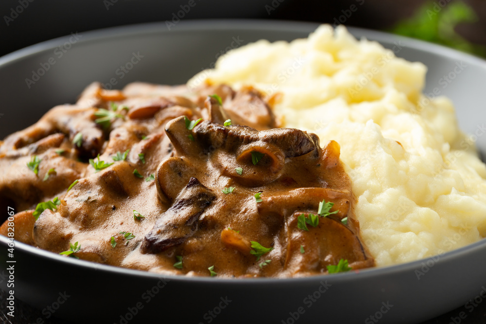 Beef Stroganoff with mushrooms and mashed potatoes. Beef Stroganoff with mushrooms and mashed potatoes.