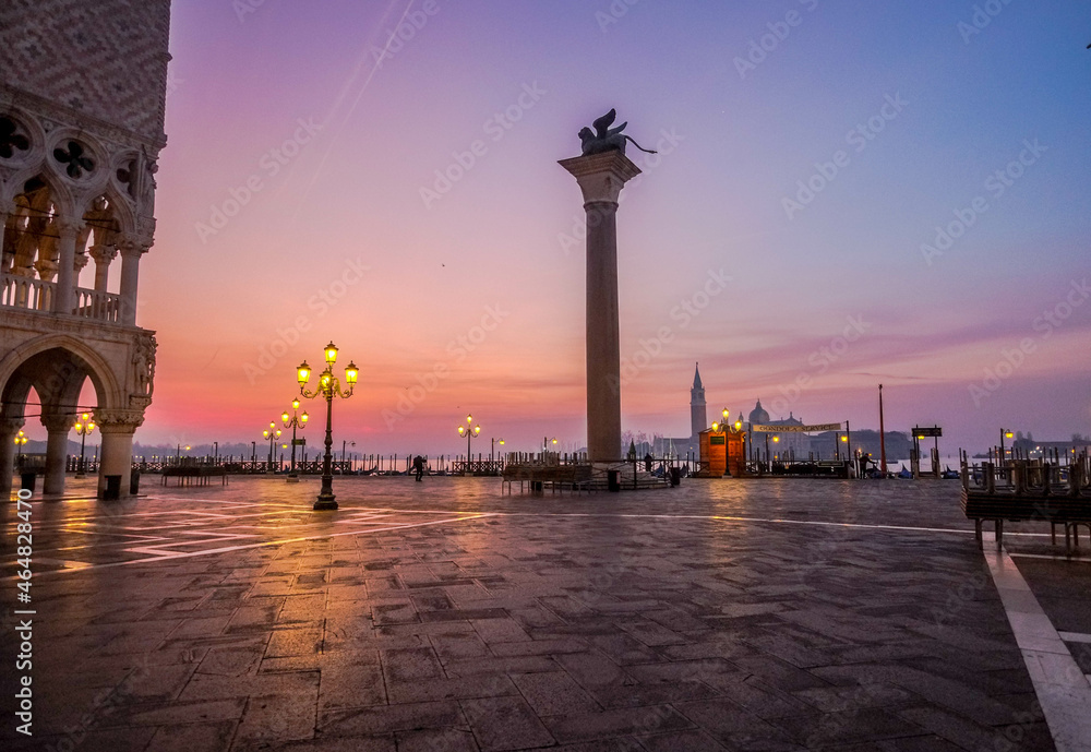 The column of San Marco with his winged lion in Venice at dawn