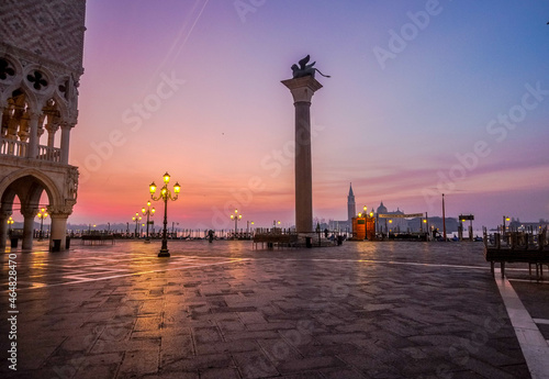 The column of San Marco with his winged lion in Venice at dawn