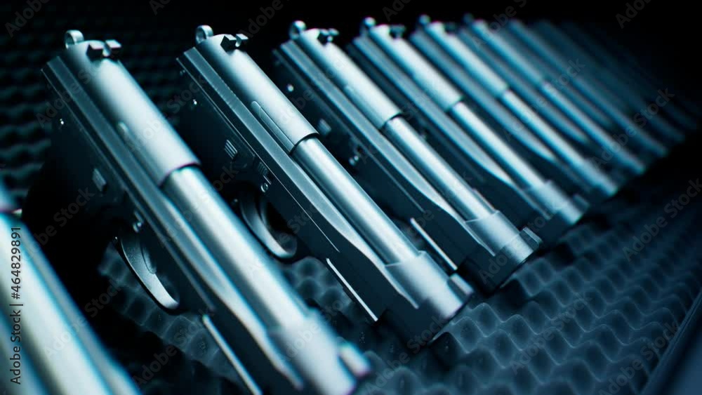 Seamless looping animation of pistols. Shiny guns. Munition depot. Gun store. Seamless looping animation of pistols. Shiny guns. Munition depot. Gun store.
