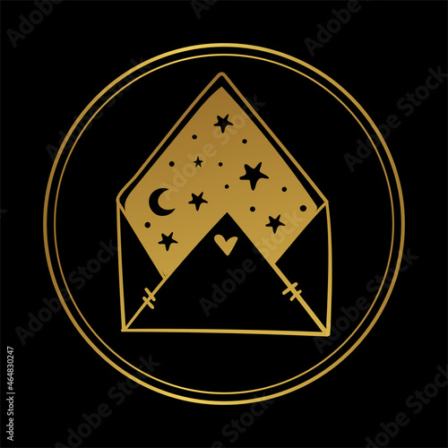 Letter with moon and stars, round golden boho icon on black background. A magic message for tarot, astrology, gorosokop. Vector linear hand drawn illustration.