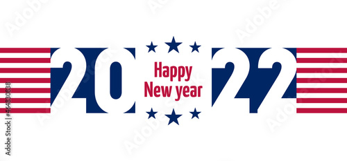 Happy New Year 2022, America! Horizontal flyer with USA flag colors and symbols. Vector.