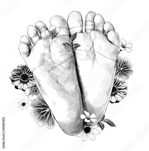 small children's feet foot forward decorated with flowers and leaves very cute, sketch vector graphics monochrome illustration on white background