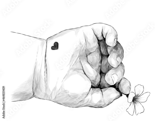 children's small hand with a heart holding a small flower, sketch vector graphics monochrome illustration on a white background photo