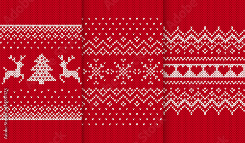 Knit seamless pattern. Christmas red textures. Set knitted frames. Fair isle traditional ornament. Xmas print. Holiday background. Festive sweater border. Vector illustration.