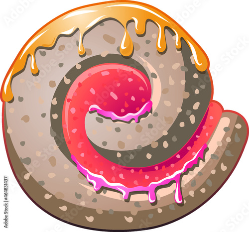 The letter E is stylized as a sweet roll. Delicious dessert, sweets, sponge cake and cream. A bright cake.
