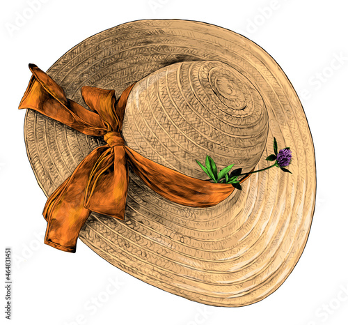 braided straw hat with a bow on the side and a clover flower, sketch vector graphics color illustration on a white background