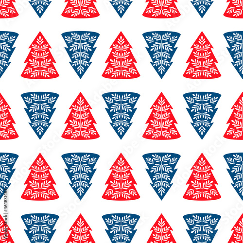Christmas folk art ornament. Vector seamless pattern with branches tree. Scandinavian collection. Fabric textile print