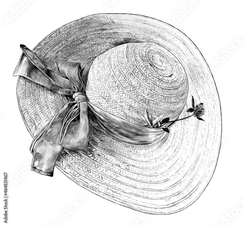 braided straw hat with a bow on the side and a clover flower, sketch vector graphics monochrome illustration on a white background