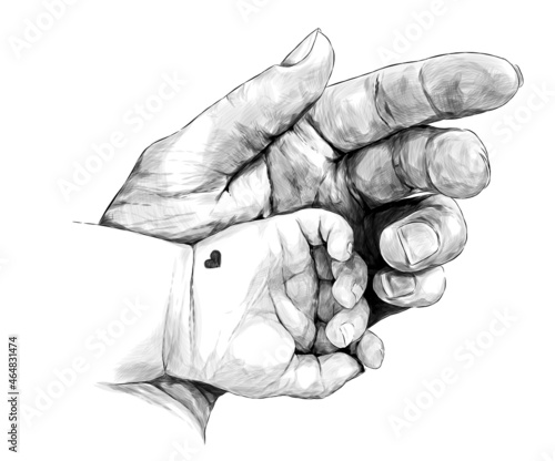 a woman's mother's hand holds a child's small hand with a heart, sketch vector graphics monochrome illustration on a white background