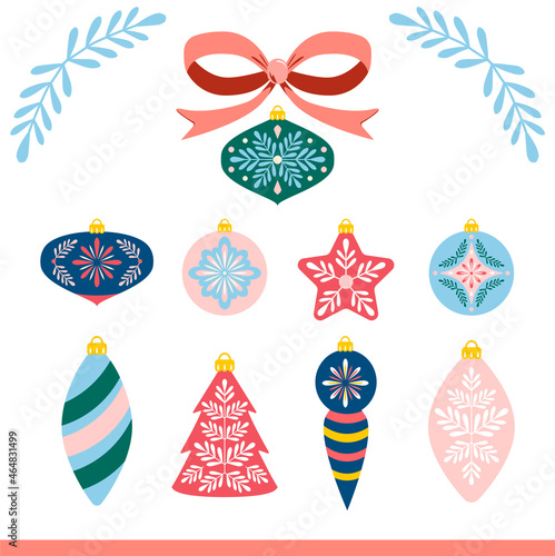 Set of Christmas ball with folk art ornament. Vector seamless pattern with ribbons and decorations