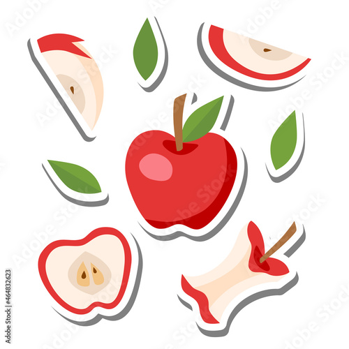 Eight flat elements Apple set. Doodle on white silhouette and gray shadow. Hand drawn cartoon abstract style. Vector illustration for decorate and any design.