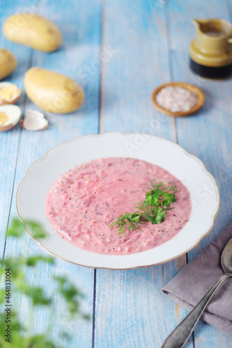 A plate with cold beetroot soup - national dish of Baltic region	