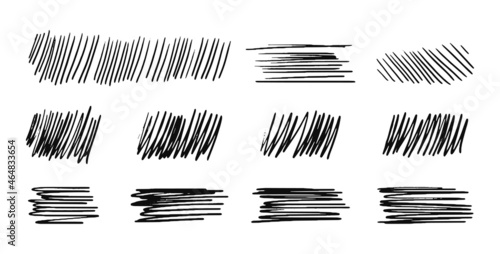 Collection of drawn hatching lines diagonal, vertical or parallel strokes. A set of hand drawn hatched strikethrough doodles. Vector stock illustration isolated on white.