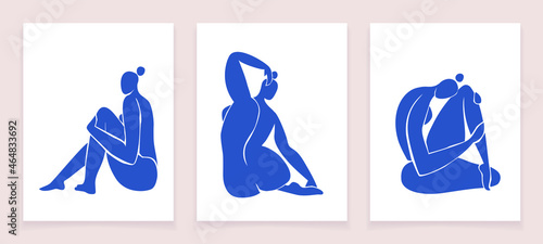 Female figures inspired by Henry Matisse. Cut out female bodies in different poses on a white background in blue. Contemporary art. Trending Vector illustration of vertical posters isolated.