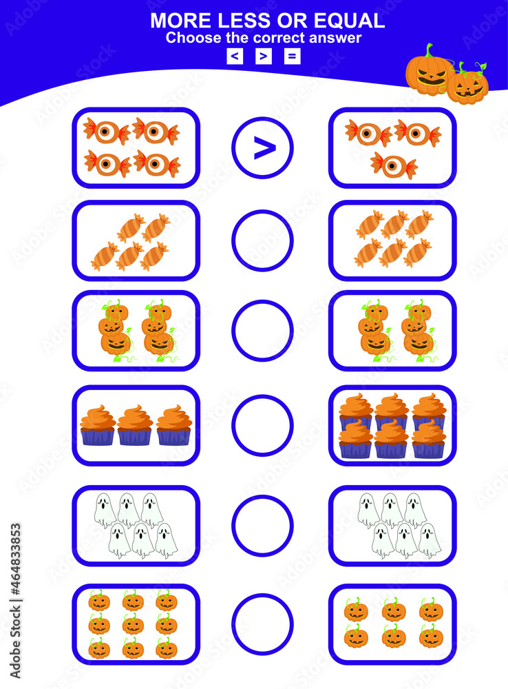 Math educational game for children. Choose more, less or equal game. Halloween math theme game.  Educational printable math worksheet. Vector illustration in cartoon style.