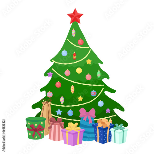 Christmas decorated tree with gifts isolated. Winter holidays symbol. Vector flat illustration