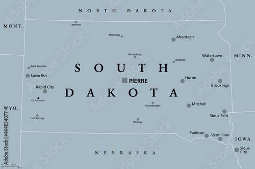 South Dakota, SD, gray political map, with capital Pierre, and largest city Sioux Falls. State in the upper Midwestern subregion of United States of America, nicknamed The Mount Rushmore State. Vector photo