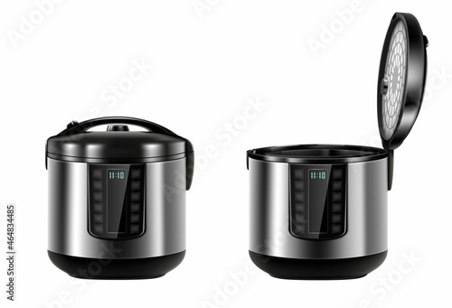 Automatic multicooker and pressure cooker with open and closed lid, isolated on white. Contemporary stainless steel. Saute and double boiler. Electrical appliances kitchen. Realistic 3d vector