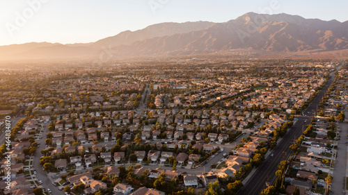 Sunset view of the residential suburban core of Rancho Cucamonga, California, USA.