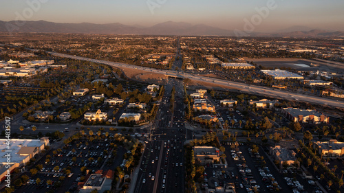 Sunset aerial view of the urban core of downtown Rancho Cucamonga, California, USA.
