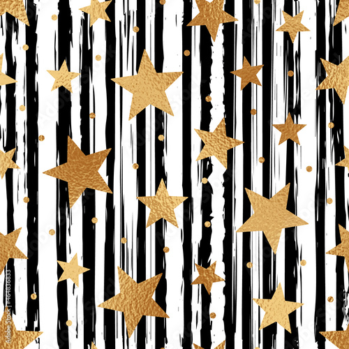 Gold star seamless pattern. Repeated scatter golden stars pattern. Random golded star with black stripes. Glitter patern printed. Sparkle foil background. Repeating bling printing. Vector illustration