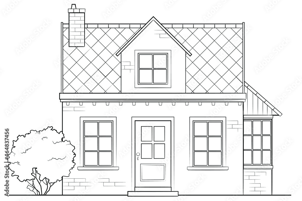 Drawing of classic family house - black and white illustration
