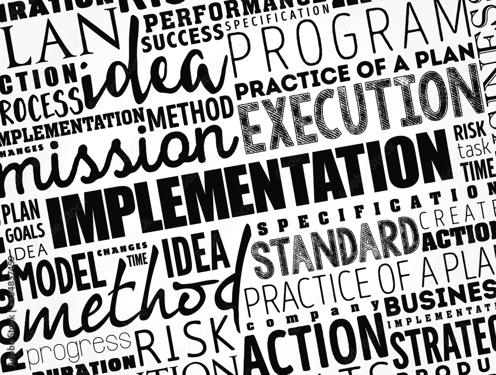 Implementation word cloud collage, business concept background