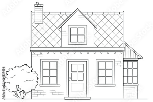 Drawing of classic family house - black and white illustration