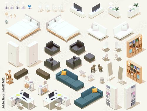 Obraz na płótnie Vector isometric home furniture set. Domestic and office furniture and equipment. Sofas, chairs, tables, lamps, cabinets, beds and stools w salonie